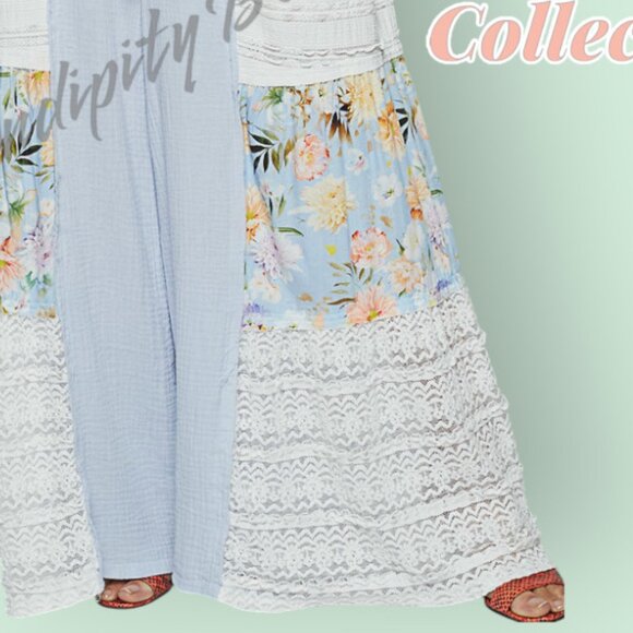 POL Flowy Lace & Double Gauze Floral Patch Palazzo Wide Leg Breezy Pants - Picture 3 of 11